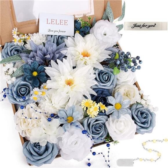 Artificial Flowers Rose Silk Flower Combo Dusty Blue Foam Roses Bulk Decor Set - Picture 1 of 6